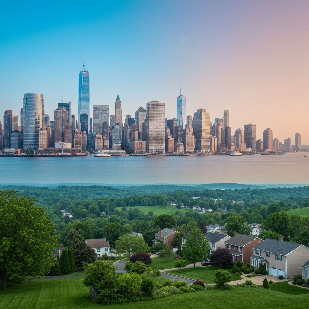 NYC skyline transitioning to suburban Pennsylvania and Georgia homes - Relocation from New York City